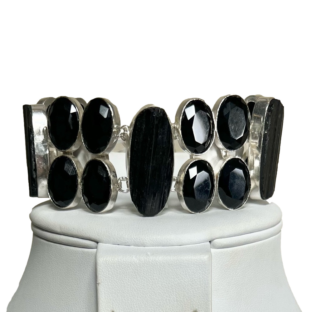 Black Tourmaline & Synthetic Black Onyx 925 Large Gemstone Bracelet